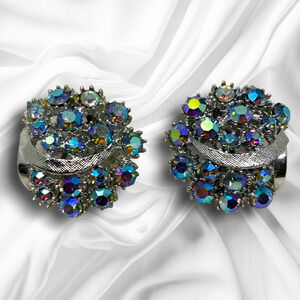 Vtg 1960s ART Aurora Borealis Crystal Silver Tone Earrings Signed Couture Runway
